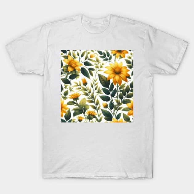 Yellow Flower Green Leaves T-Shirt by Siha Arts